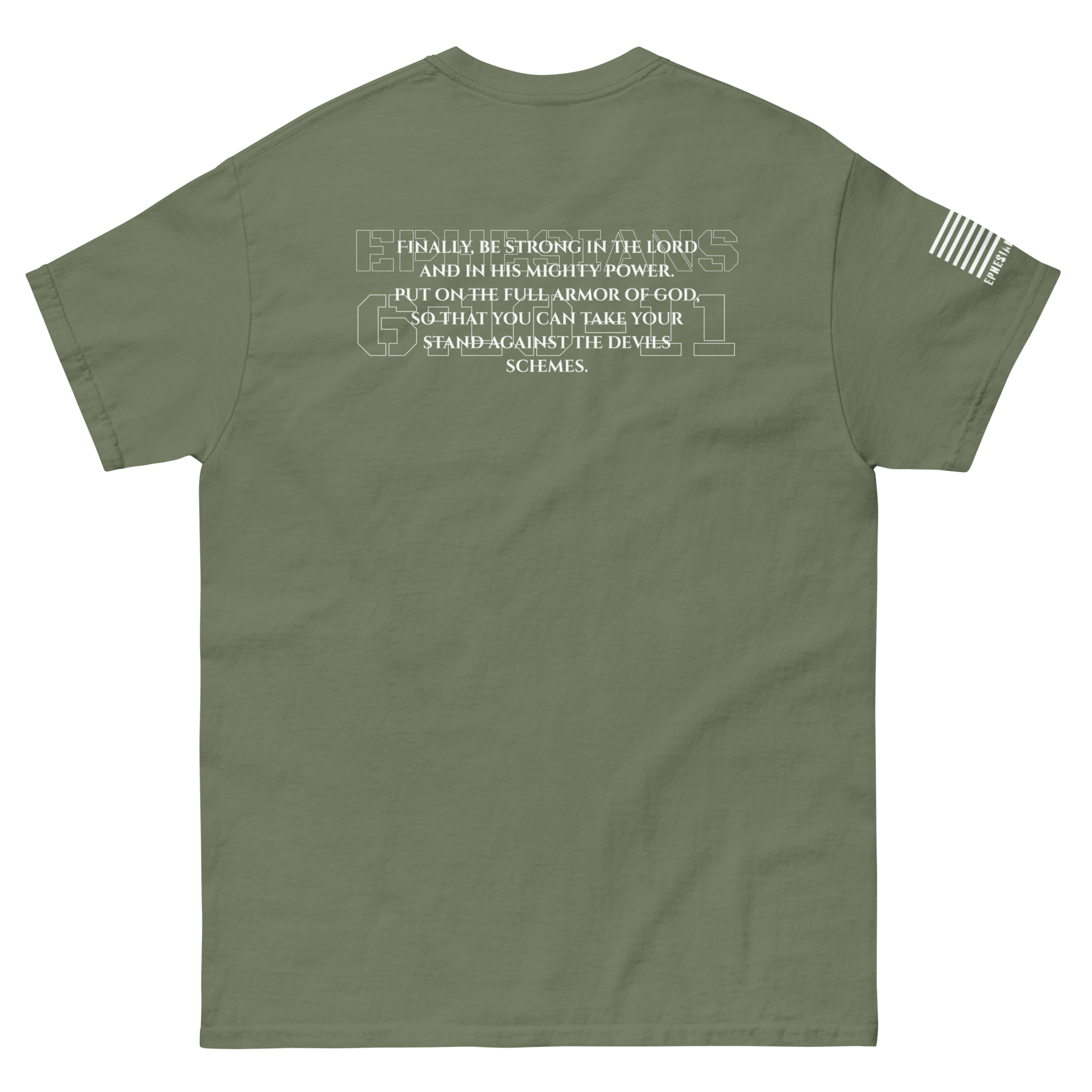 Ephesians 6:10-11 tee from FFO’s Narrow Path Collection — features back text of scripture in simple design